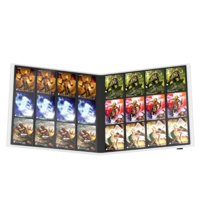 Livro aberto mostrando cartas colecionáveis de demónio, espírito, soldado, besta, goblin e anjo em várias cores.