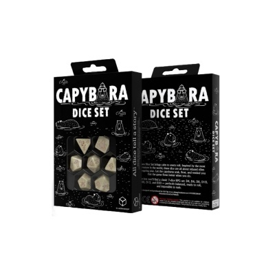 Conjunto de dados CAPYBARA DICE SET em caixa preta com ilustrações e dados visíveis