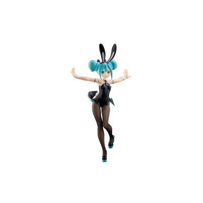 Figura colecionável de personagem feminina com cabelo azul e fato tipo coelho preto em fundo branco