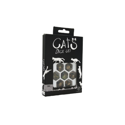 Conjunto de dados Cats Dice Set em caixa preta com ilustrações de gatos