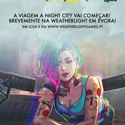 Imagem promocional Cyberpunk TCG com texto em português e personagem com cabelo colorido e tatuagens