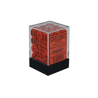 Conjunto de dados laranja com pontos pretos numa caixa transparente com base preta.