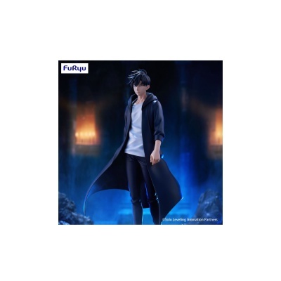 Figura colecionável de personagem masculino com casaco azul e fundo azul