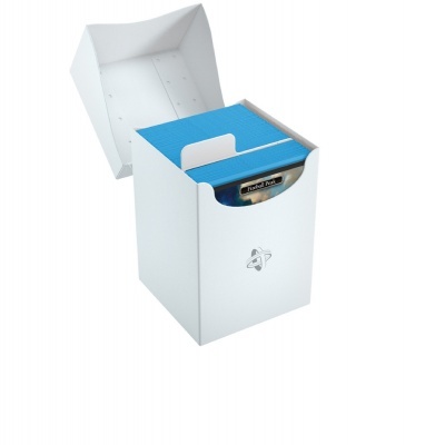 Caixa branca com cartões e separadores azuis visíveis