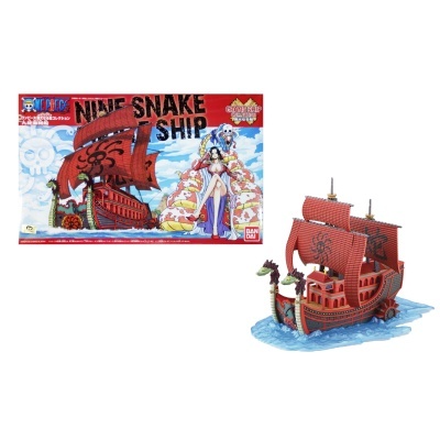 Modelo de navio de brinquedo vermelho com velas e base azul, com caixa mostrando NIKE SNAKE SHIP