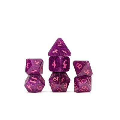 Conjunto de dados poliédricos roxos com números cor-de-rosa