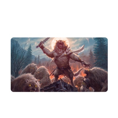 Tapete com estampa de guerreiro e criaturas peludas em floresta ao entardecer