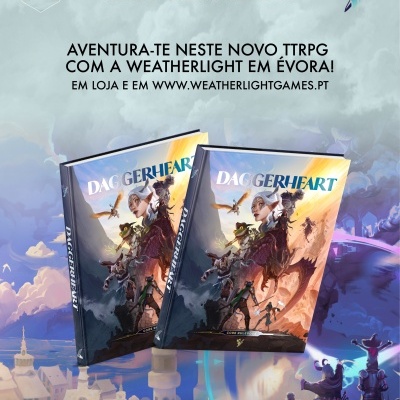 Capa do livro DAGGERHEART com ilustração de fantasia e texto promocional em português