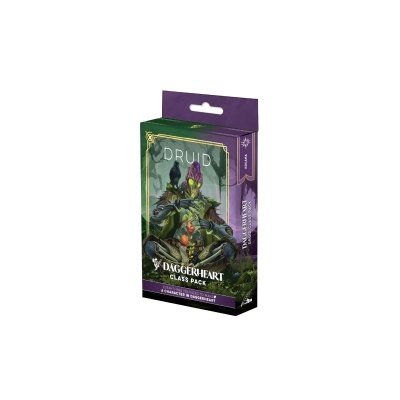 Embalagem de cartão com arte de personagem druida e texto Daggerheart