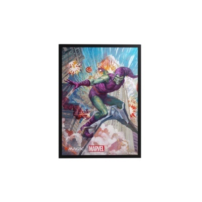 Ilustração do personagem Green Goblin voando sobre a cidade com explosões e logos de Magic e Marvel