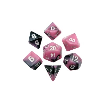 Dados multifacetados roxos e pretos com números em branco