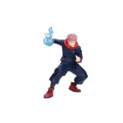 Figura de ação de personagem masculino com roupa azul e cabelo rosa segurando fogo azul.
