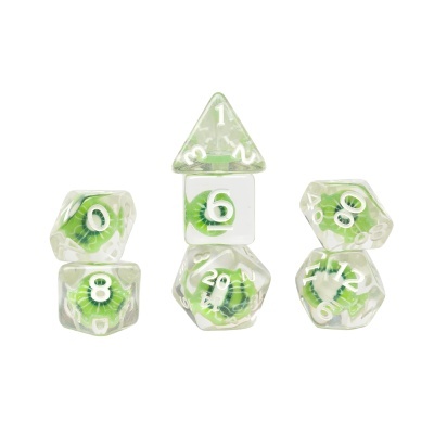 Dados translúcidos verdes para RPG com números brancos