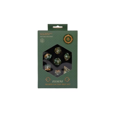 Conjunto de 7 dados poliedros verdes em caixa verde com texto dourado
