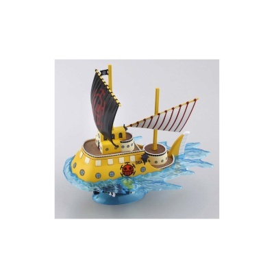 Modelo de barco amarelo com velas e base azul