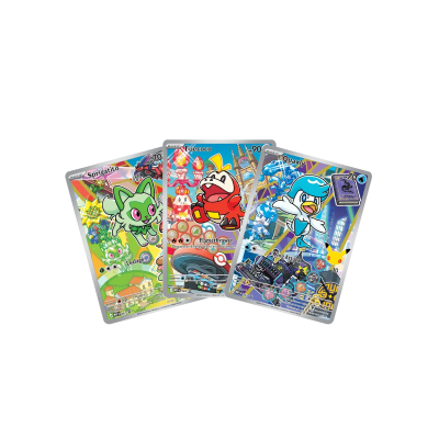 Três cartas de jogo Pokémon coloridas com os nomes Sprigatito, Fuecoco e Quaxly
