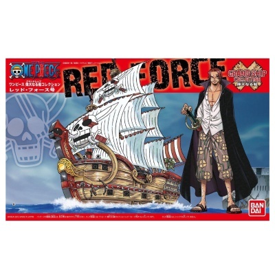 Caixa de modelo do navio Red Force da série One Piece com ilustração do navio e personagem masculino