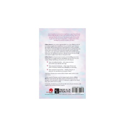 Embalagem do jogo de RPG Glitter Hearts com texto em inglês em fundo azul e rosa pastel