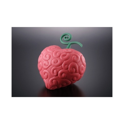 Objeto decorativo em forma de cereja vermelha com textura em espiral e caule verde