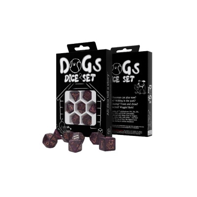 Conjunto de dados poligonais em caixa preta com texto DOGS DICE SET e ilustração de cachorro.