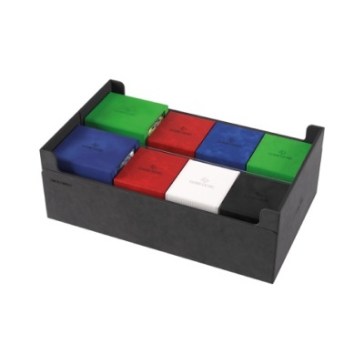 Conjunto de oito cubos eletrónicos coloridos numa caixa preta.