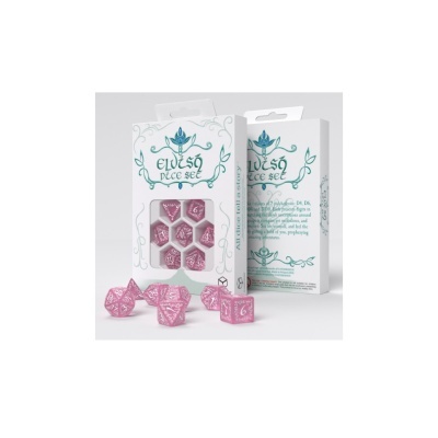 Conjunto Eldish Dice Set com dados poliédricos rosa em embalagem branca