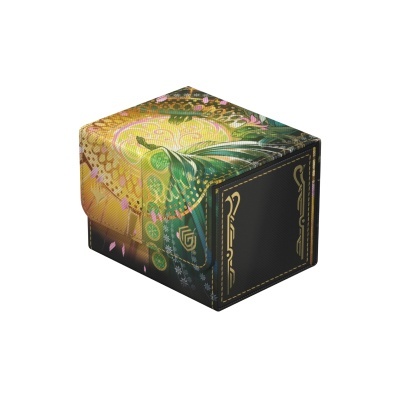 Caixa rígida colorida com padrão floral e geométrico, faixa preta com moldura dourada e números.