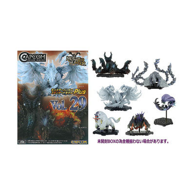 Miniaturas de monstros da série Monster Hunter com cores variadas e caixa de embalagem com texto e logótipos