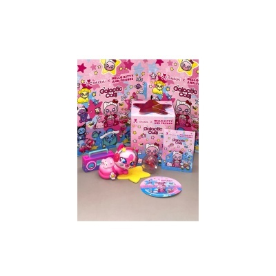 Conjunto Colecção Hello Kitty com embalagem, personagem cor-de-rosa, CD, estrela amarela e controlador cor-de-rosa.