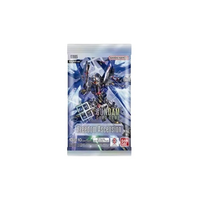 Pacote de cartas Gundam Card Game Freedom Ascension, azul e branco, com robô futurista e texto visível