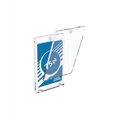 Porta-cartão transparente com cartão azul e texto branco.