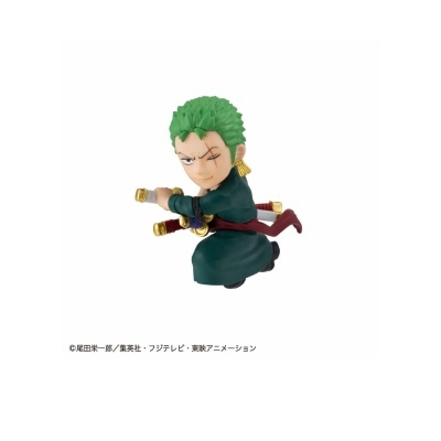 Figura de ação de personagem com cabelo verde e roupas escuras segurando espadas