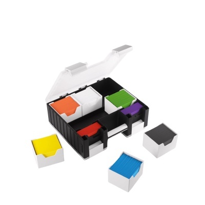 organizador preto com caixas brancas e encaixes coloridos de plástico