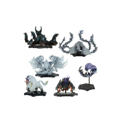 Miniaturas de criaturas fantásticas de plástico pintado em bases negras hexagonais.