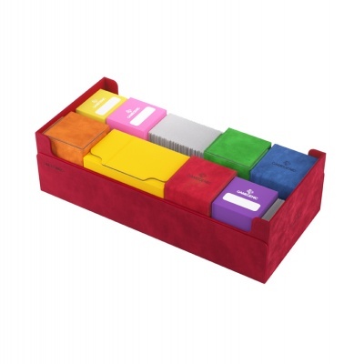 Suporte vermelho com oito caixas coloridas de couro