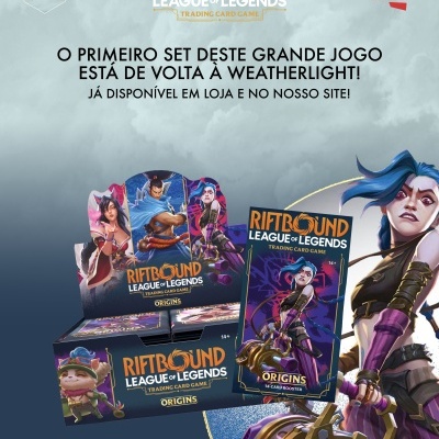 Produto do jogo de cartas RIFTBOUND LEAGUE OF LEGENDS TRADING CARD GAME com arte de personagens e texto em português