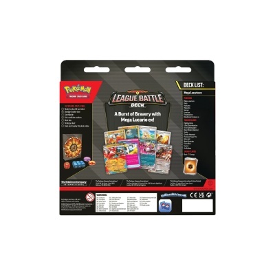 Embalagem de baralho League Battle Deck do jogo Pokémon Trading Card Game com cartas e lista do deck visível.