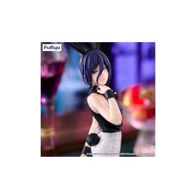 Figura colecionável de personagem com cabelo azul e roupa preta com orelhas de coelho.