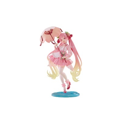 Figura colecionável anime com vestido rosa e guarda-chuva cor-de-rosa