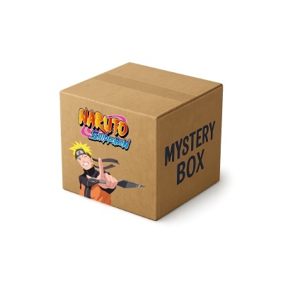 Caixa de cartão castanha com escrita 'MYSTERY BOX' e imagem do Naruto Shippuden