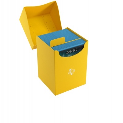 Caixa amarela com baralho de cartas azuis dentro