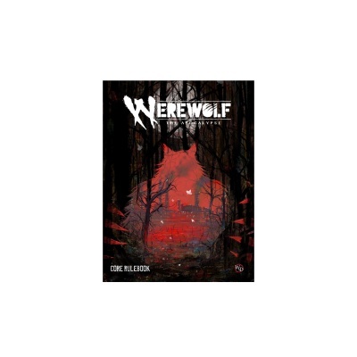 Capa do livro WEREWOLF THE APOCALYPSE com figura vermelha de lobisomem numa floresta.