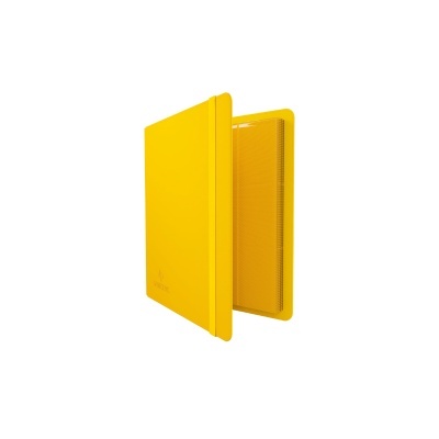 Estojo amarelo aberto de material sintético com textura lisa e interior quadriculado