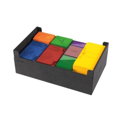 Caixa organizadora preta com várias caixas pequenas coloridas dentro