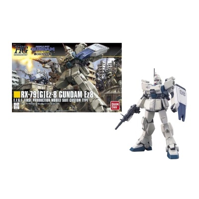 Figura articulada RX-79[G]EZ-8 Gundam EZ8 ao lado da embalagem do modelo com arte de robôs em combate.