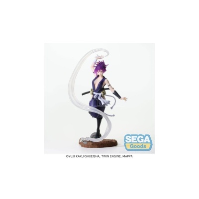 Figura de ação de personagem com cabelo roxo, roupa preta e lilás, segurando corda translúcida em base decorativa.