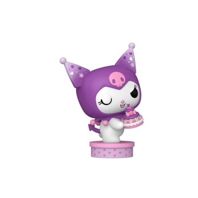 Figura colecionável de personagem gato com chapéu roxo e bolo cor-de-rosa