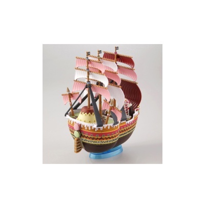 Modelo de navio colorido com velas vermelhas e brancas e casco detalhado