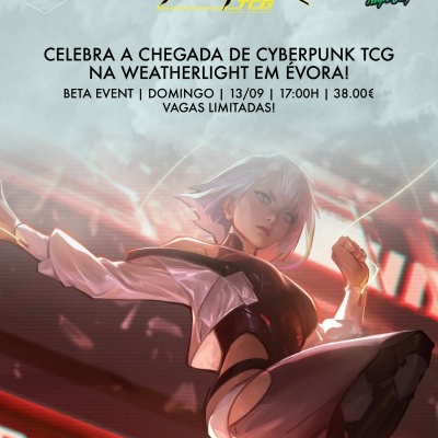 Cartaz do jogo Cyberpunk TCG com personagem feminina e texto promocional.