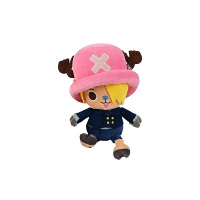 Boneco de peluche com chapéu rosa e roupa azul escura